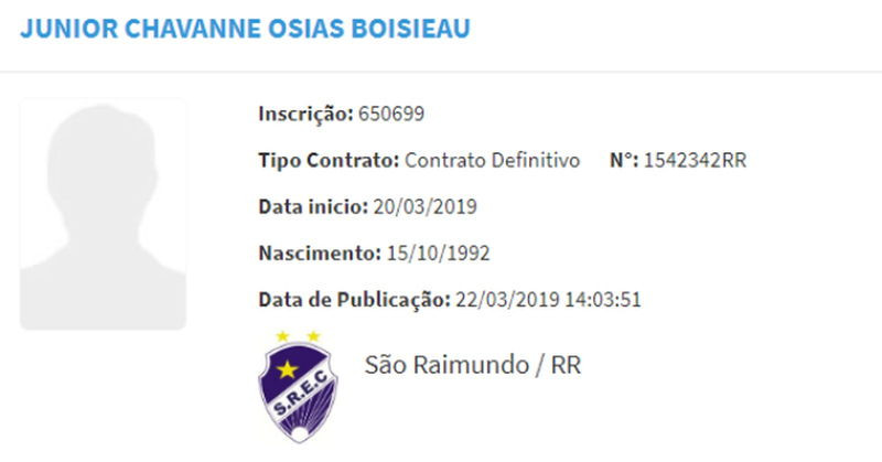 Nome de Junior Osias foi registrado no BID da CBF nesta sexta (22) — Foto: Reprodução/CBF